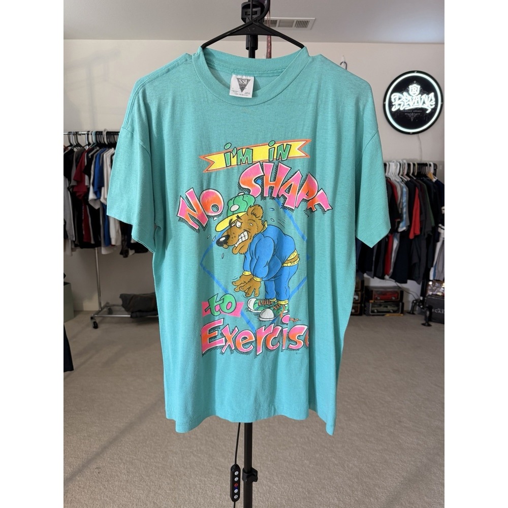 Vintage 90s I'm In No Shape To Exercise Cartoon Bear Graphic T‎ Shirt Large Teal
